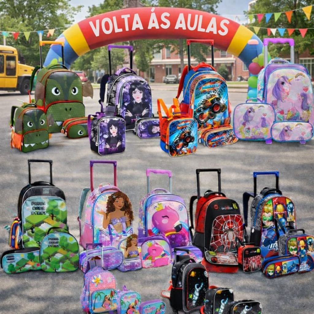 Mochila com Rodinhas + Lancheira + Estojo Escolar Infantil Kit 3 Peças Personagens Desenhos
