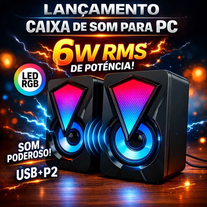Caixa de Som PC Gamer RGB 2.0 Estéreo 6W USB + P2 | LED Respiração | Compacta, Potente e Premium