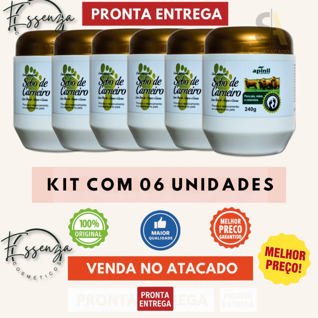 🔥 KIT 6 Unidades Creme Sebo de Carneiro Apinil 240g Pés e Mãos | Original Atacado Revenda