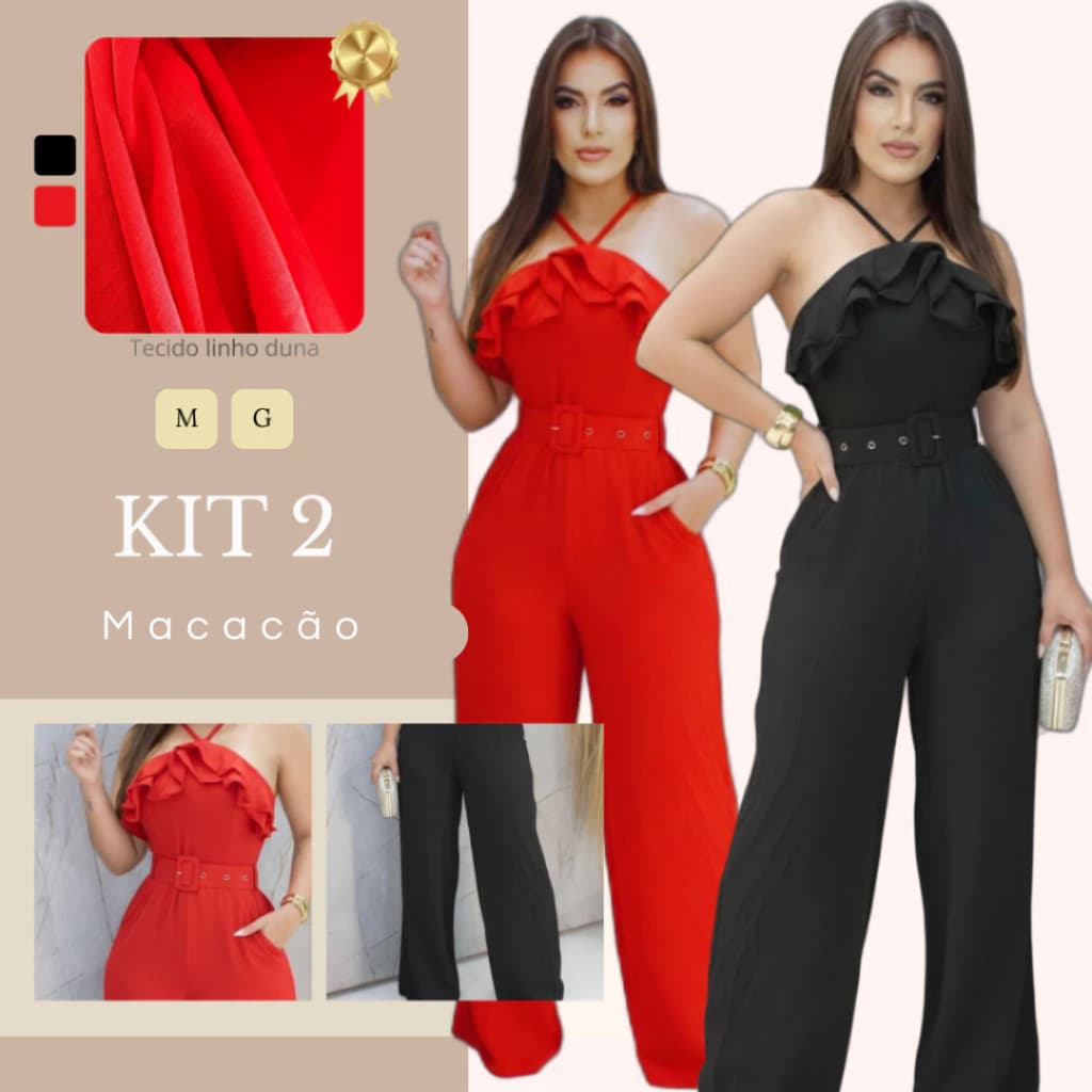 Kit 2 Macacões Feminino Cinto Ajustável, Babados, Elástico nas Costas Mãe, Esposa, Namorada Presente