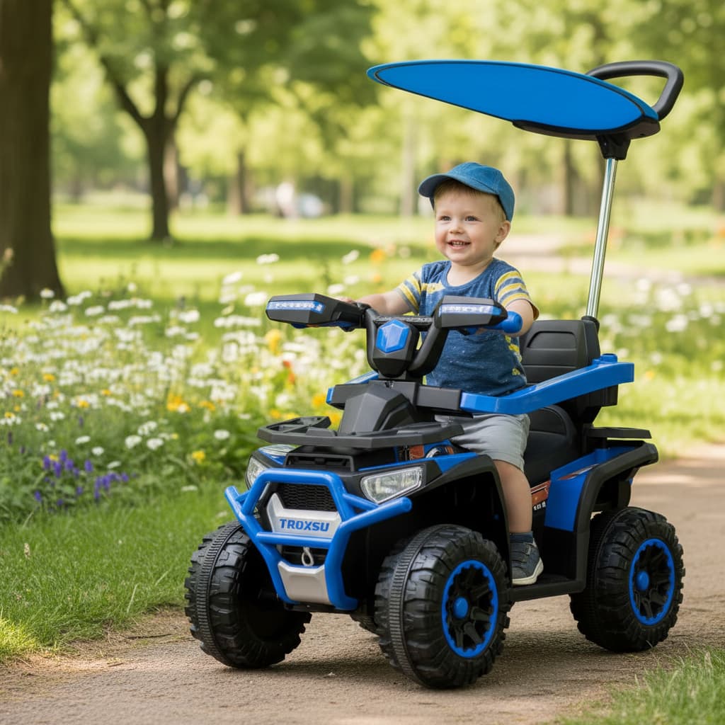 Quadriciclo Elétrico Infantil 6V Com Empurrador e Cobertura Azul Mais Segurança Estabilidade e Diversão Para Crianças