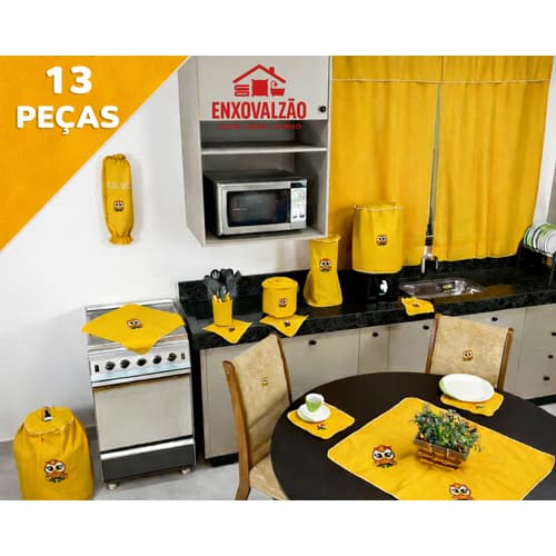 Kit Jogo de Cozinha 13 Peças Completo com Cortina e Toalha de Mesa