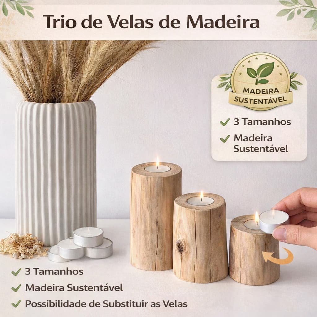 Trio de velas decorativas em madeira para sala e quarto | conjunto com 3 peças estilo rústico e moderno para centro de m