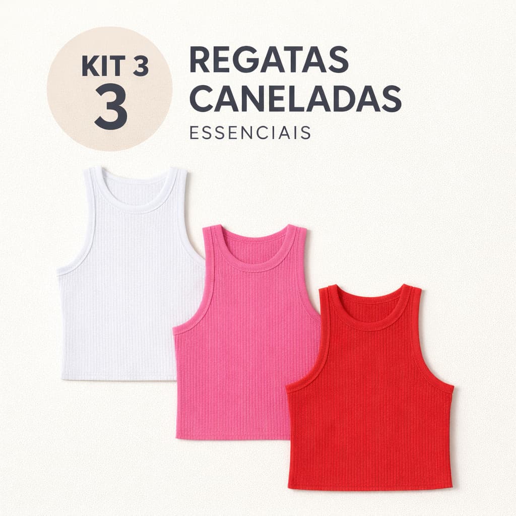 Kit 3 Cropped Gola Redonda Regata Feminina Canelado Casual Moda Verão