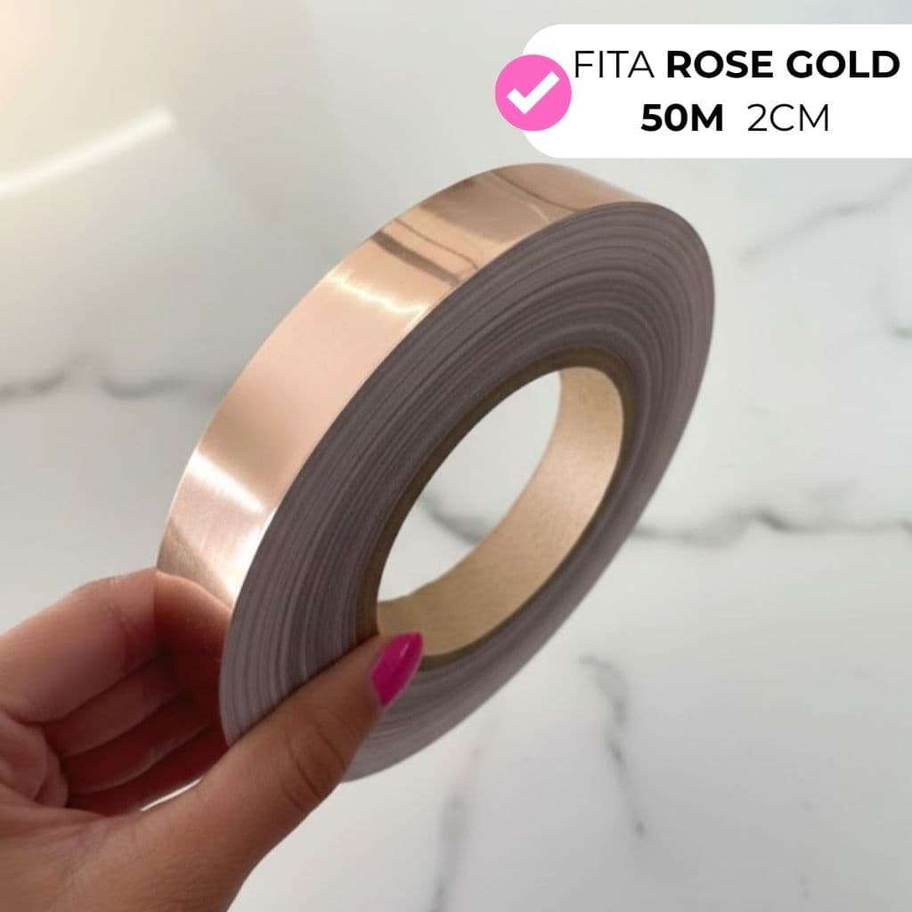 50M Fita Lisa Rose Gold 2CM Metalizada Adesiva Ideal P/ Paredes Festas Colagens Decorações Pisos