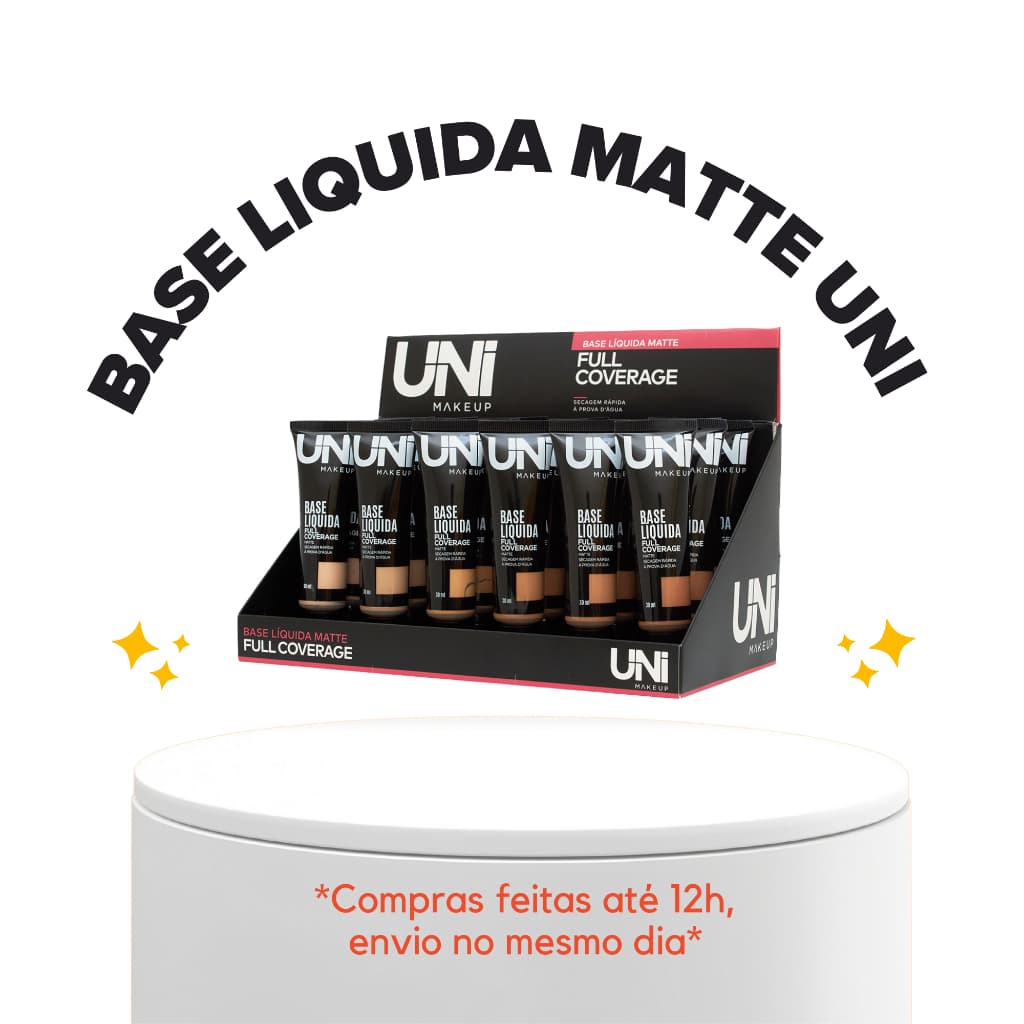 BASE LIQUIDA FULL CORAGE UNI MAKE UP MATTE COBERTURA MEDIA MAQUIAGEM PELE PROVA D´AGUA TODOS OS TONS