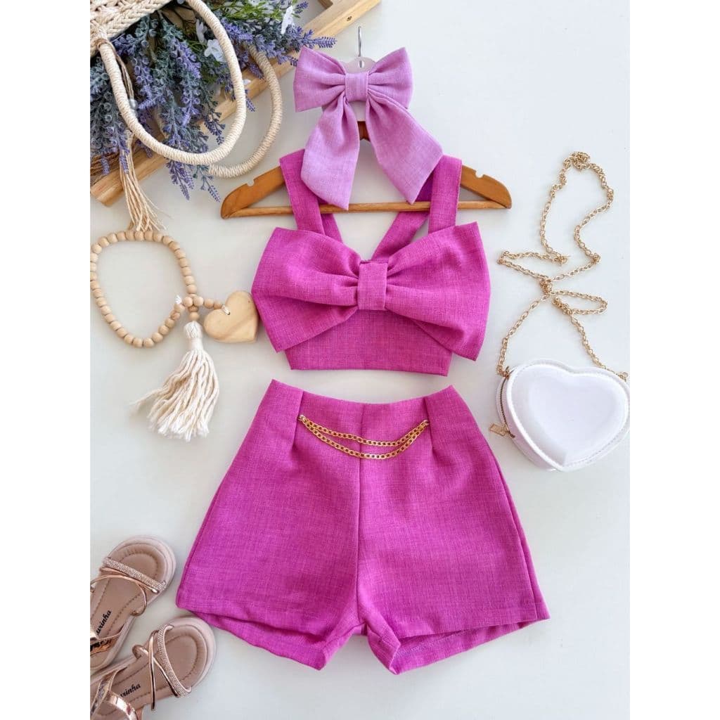 Conjunto Infantil Menina Blogueirinha Blusa Laço e Shorts Alfaiataria Tendência Moda Infantil