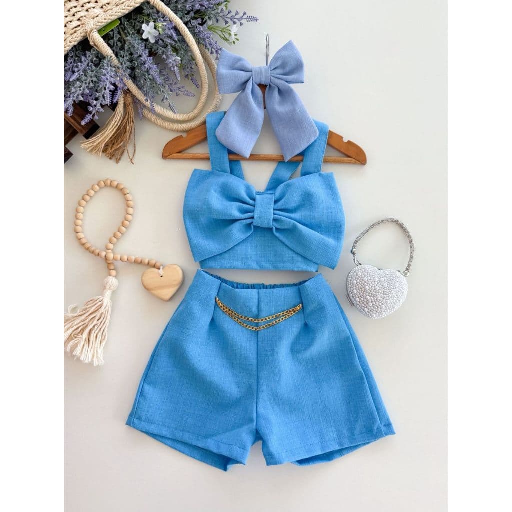 Conjunto Verão MeninaTendência Moda Infantil Blusa Laço e Shorts Alfaiataria