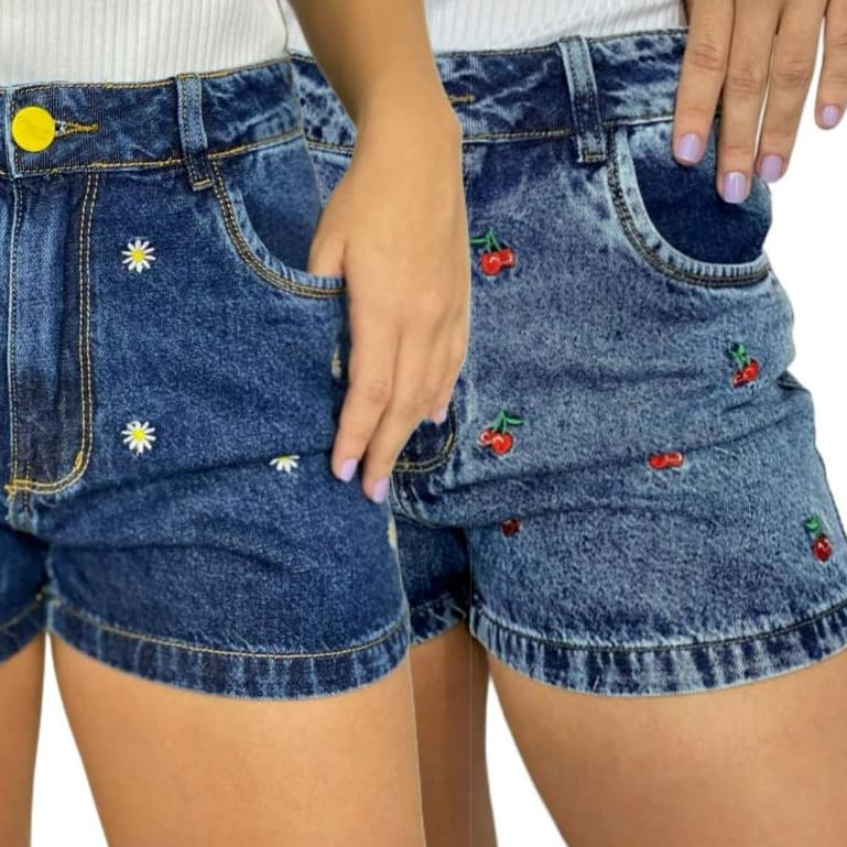 Short Jeans Feminino Bordado Sem Lycra Alto Padrão