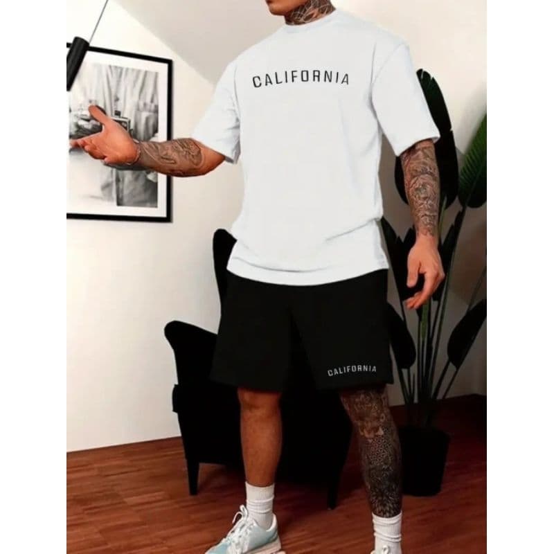conjunto camiseta e bermuda masculina estampada Califórnia streewear casual camisa malha  bermuda moletom