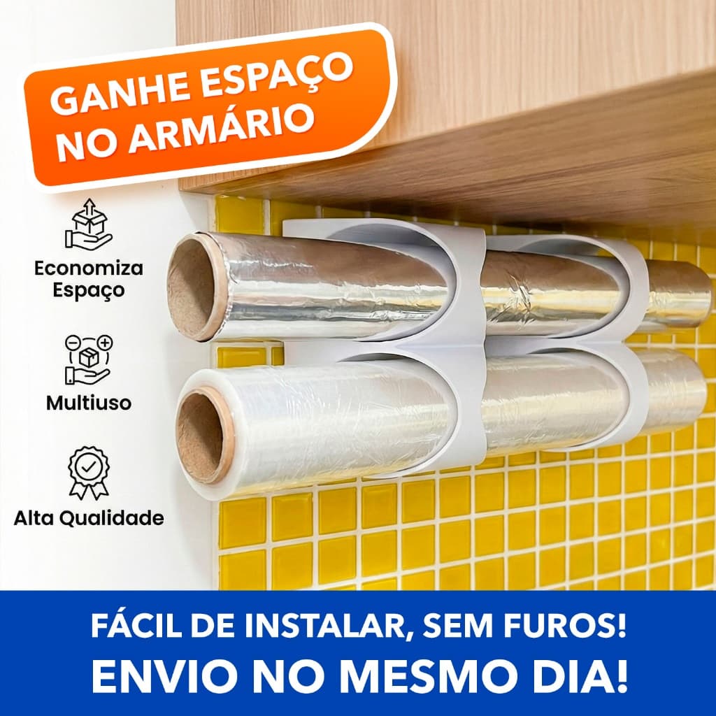 Suporte para Rolos de Cozinha - Sem furar Organização Cozinha Espaço Armários