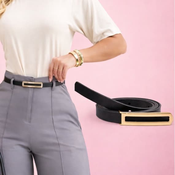 Kit Cinto Feminino Fivela Alongada Dourada Look Elegante Delicado Discreto Moda Mulheres