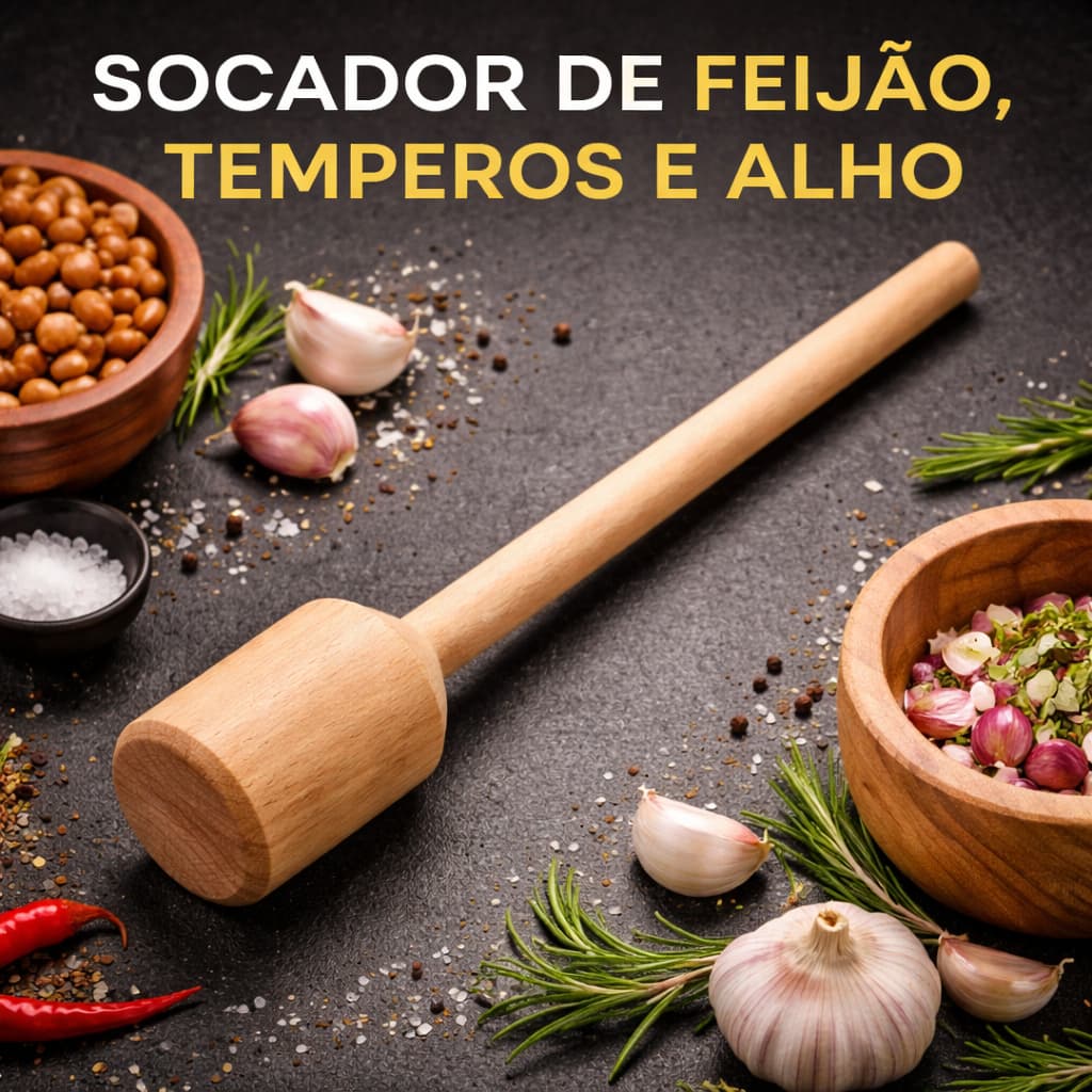 SOCADOR DE FEIJÃO, ALHO E TEMPEROS DE MADEIRA 26CM RESISTENTE, COZINHA, UTENSILIO