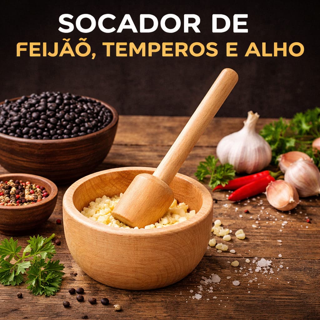 SOCADOR DE FEIJÃO, Alho e Temperos de Madeira 26cm Utensílio Doméstico Resistente e Durável Cozinha