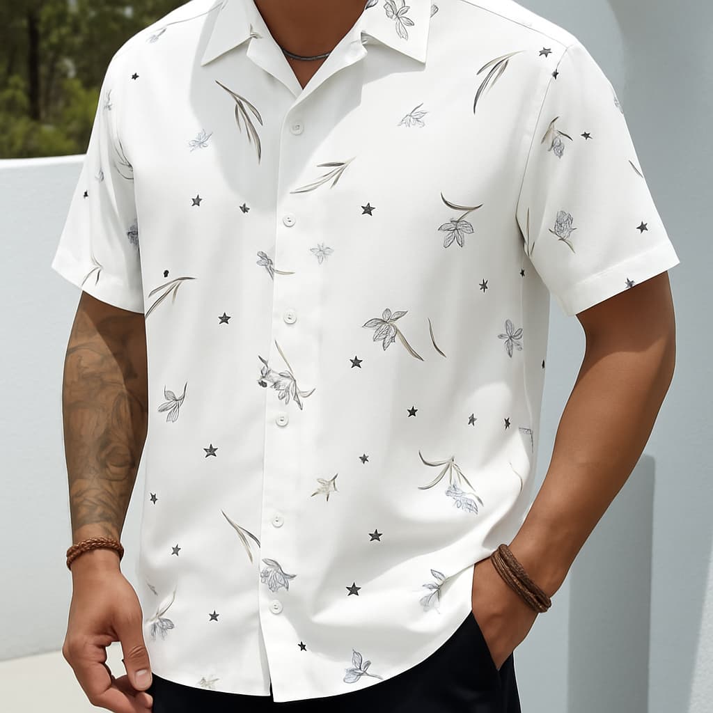 LOJAKRYSTAL  Botões na frente Floral 19  Impressão Aleatória Férias Camisa Masculina
