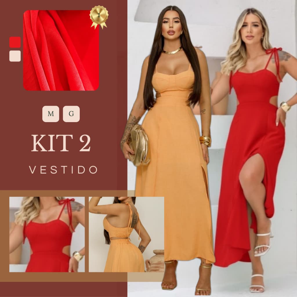 Kit 2 Vestidos Feminino Longo De Alça Ajustavel Fenda frontal, Recorte Lateral e Costas Abertas Primavera