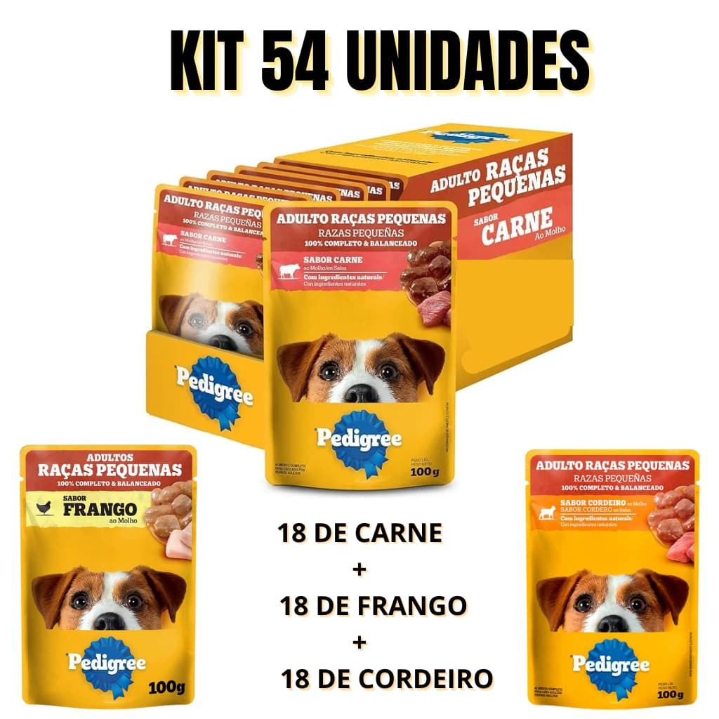 PEDIGREE SACHÊ RAÇAS PEQUENAS KIT 54 UND (18 CARNE + 18 FRANGO + 18 CORDEIRO )