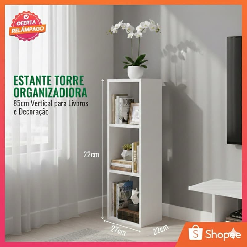 Estante Torre Organizadora De Livros Multiuso 85cm Vertical Branca MDP 12mm Quarto Sala Escritório