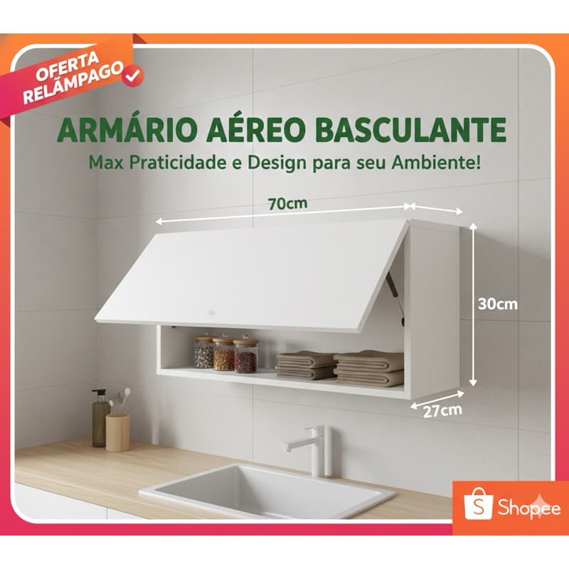 Armário Aéreo Cozinha Lavanderia 70cm Porta Basculante MDP 15mm Branco Multiuso Suspenso
