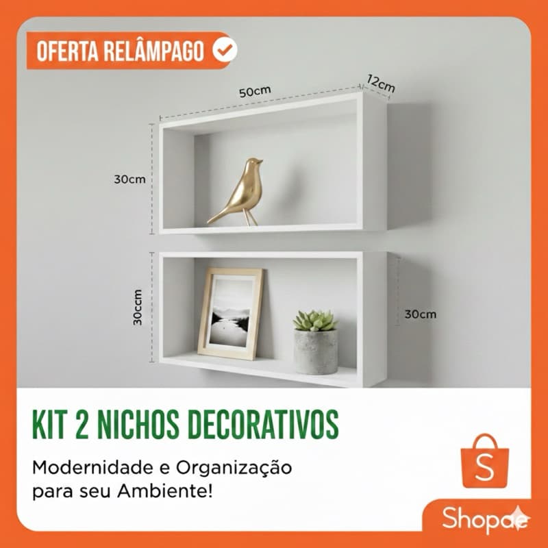 Kit 2 Nichos Prateleira Organizadora 50x30 Suspensa MDP 15mm Branca Quarto Sala