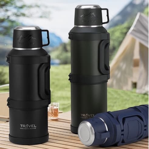 Garrafa Térmica Inox Travel 3,2L / 4L / 5L – Com Alça, Tampa Copo, Duas Tampas Internas, acampamento, escalada,militar