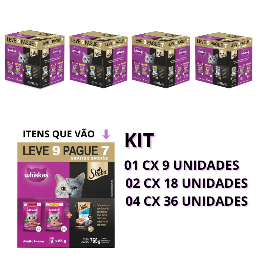 SACHÊ WHISKAS PROMOCIONAL PACK SABORES CARNE E FRANGO + SHEBA ATUM PARA GATOS ADULTOS