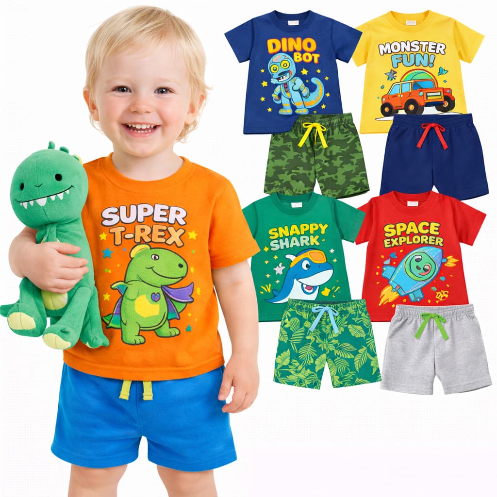 Kit Sortidos 2 ou 4 Peças de Conjunto Infantil Menino Verão Kit com 2 ou 1 Conjuntos de Verão Masculino