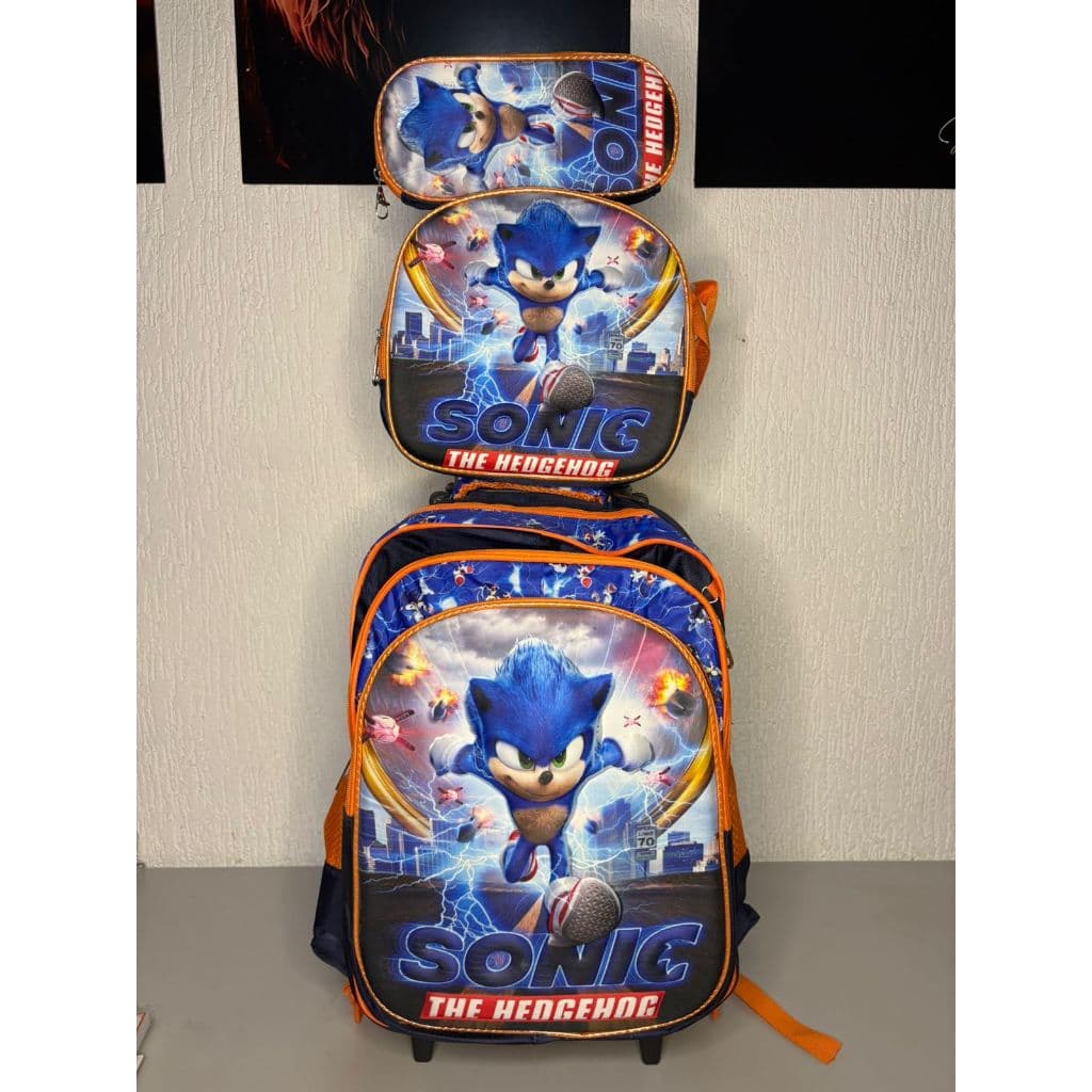 Lindo Kit Mochila Escolar Rodinha Sonic Estojo E Lancheira