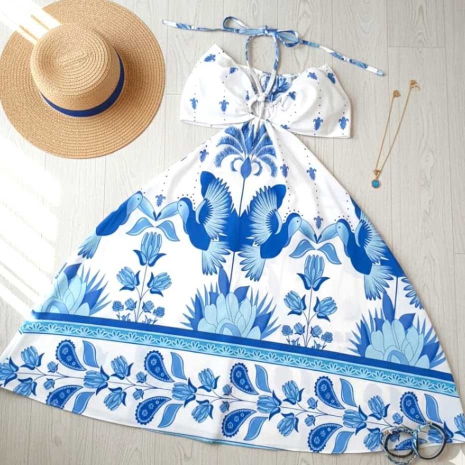 Vestido Feminino Estampado Tropical Rodado Amarração  Soltinho Dia Dia