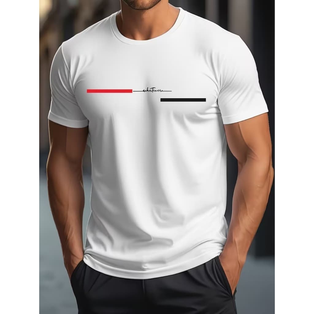 Camiseta Masculina 100% Algodão Casual Faixa Frontal Bicolor e Escrita