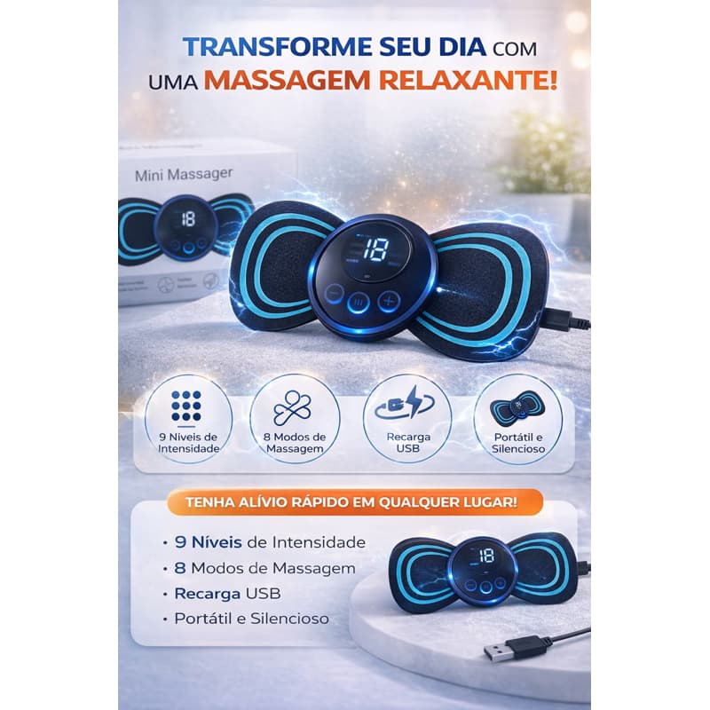 Mini Massageador Elétrico Portátil USB 8 Modos 9 Intensidades Alívio Dor Muscular Relaxamento Corporal Profissional Top!