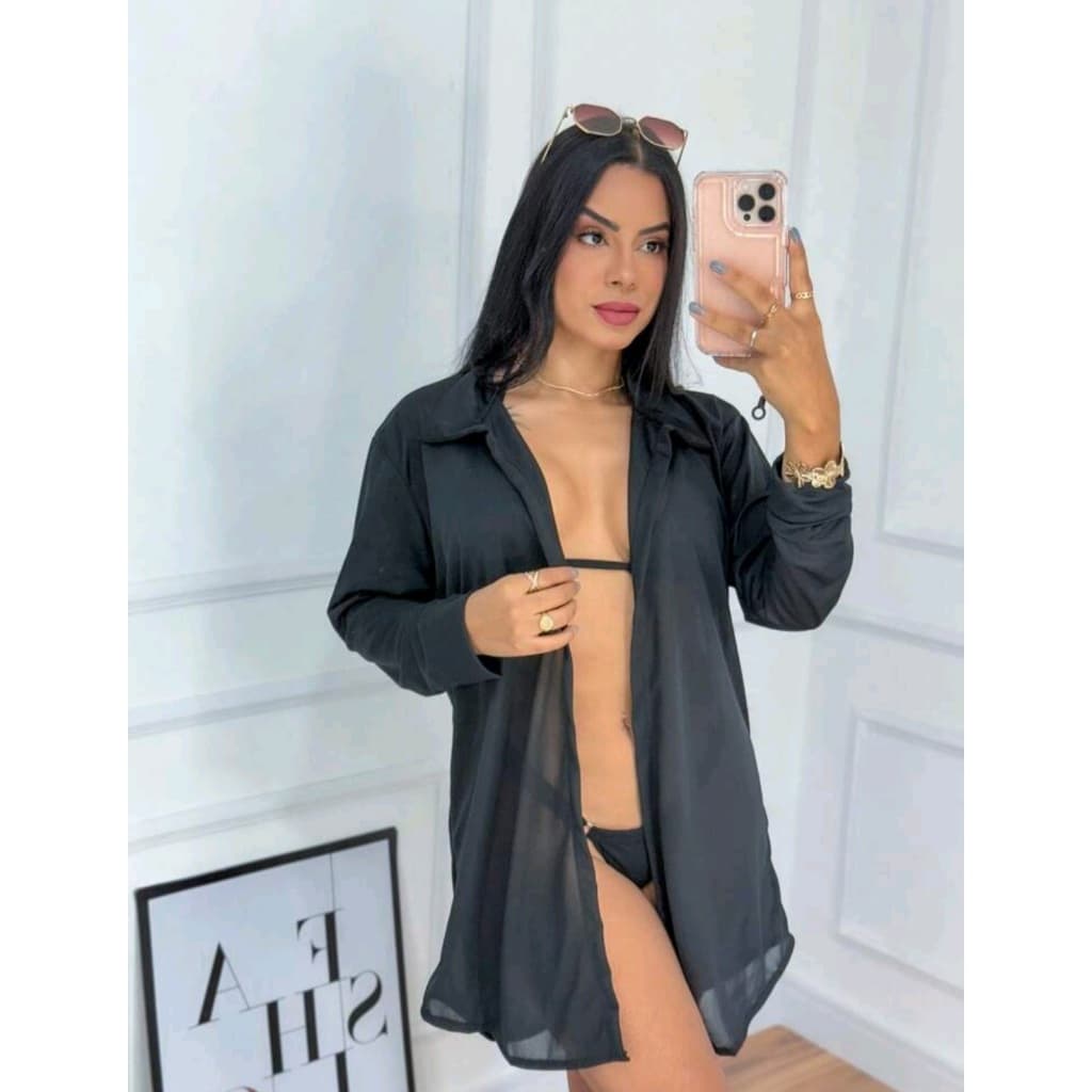 Saida De Praia Blusão Manga Longa Estilo Alfaiataria Com Gola Gringa Verão Casual