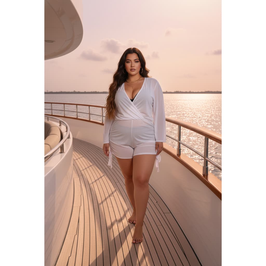 Saida De Praia Macaquinho Plus Size Manga Longa Com Drapiado nas Laterais Casual Verão