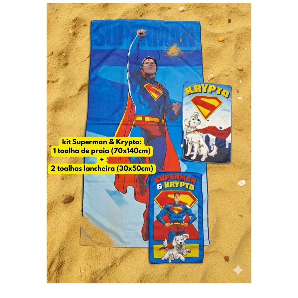 Kit 3 Toalhas Infantis Superman Krypto: 1 Praia Gigante (70x140cm) + 2 Lancheira Escolar (30x50cm) Bene Casa Poliéster