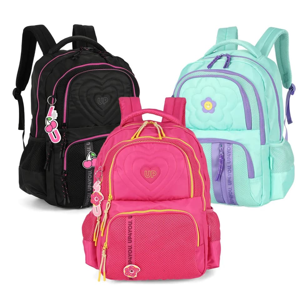 Kit Mochila Costas Escolar Luxcel Liso Coração Flor Estojo Triplo Lançamento 2026
