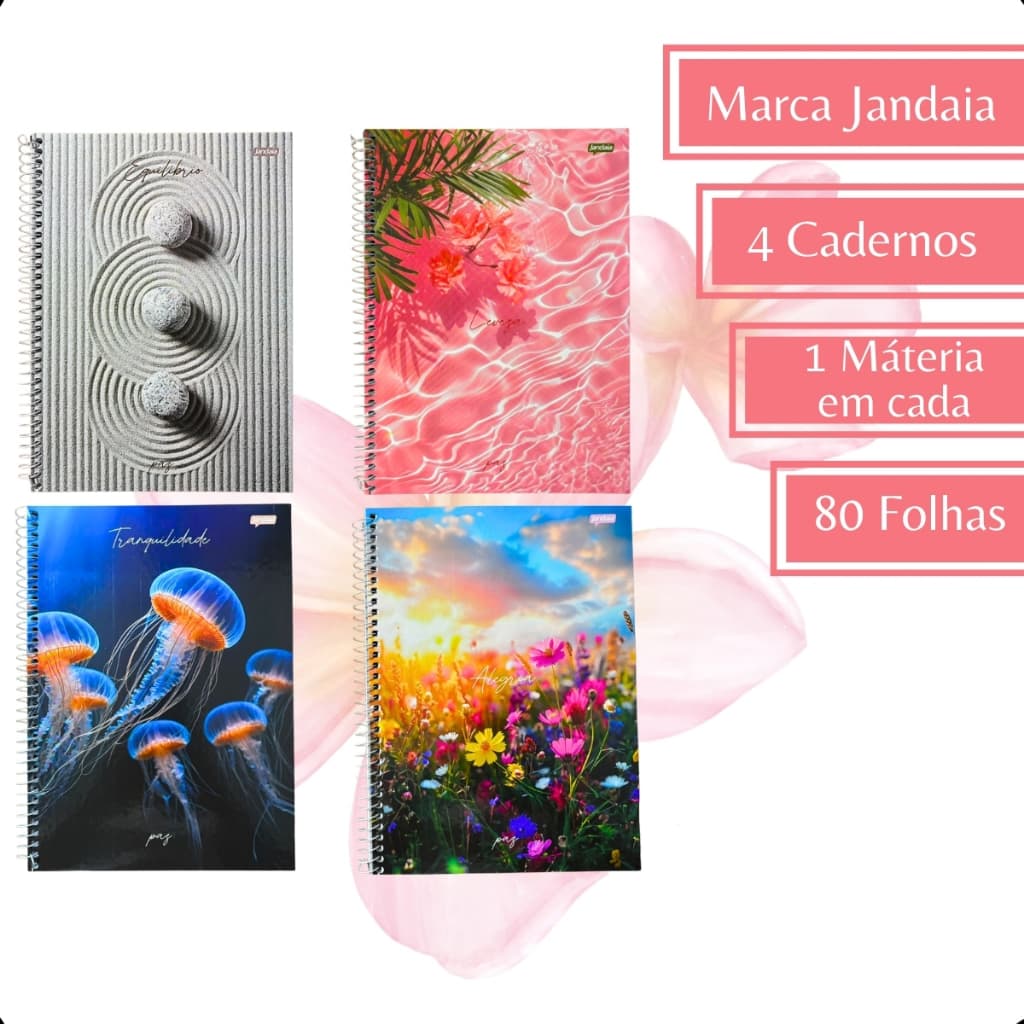 Kit 4 Caderno 1 Matéria Universitário Material 80f Simples menina colorido escolar capa dura espiral pautado flor rosa