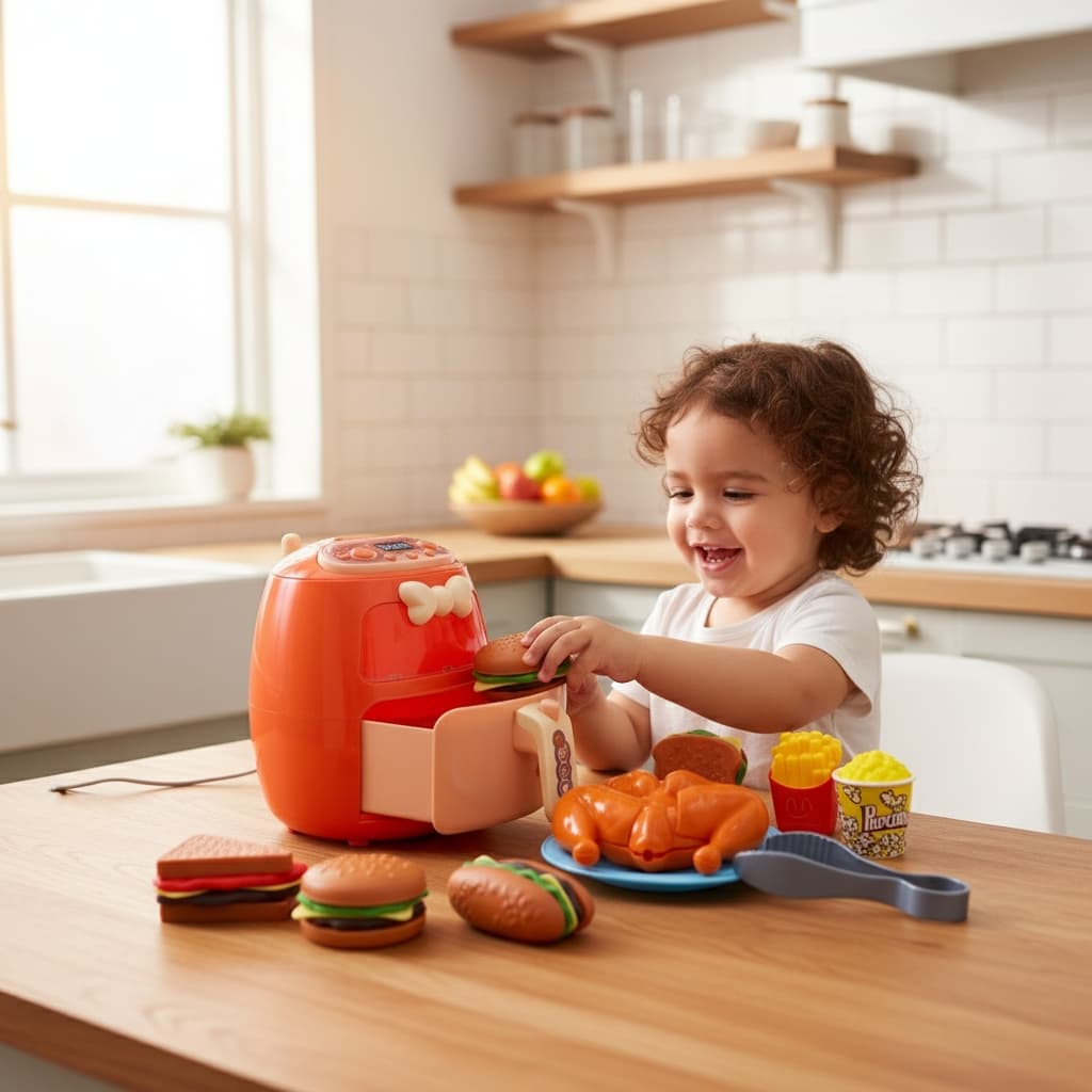Conjunto Cozinha Infantil Air Fryer Luzes Acessorios Brinquedo Cozinhar Faz De Conta