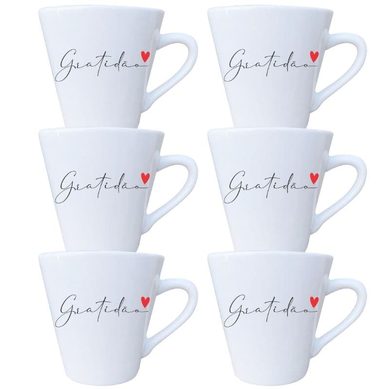 Jogo 6 Xícaras De Porcelana Branca 120 ml Gratidão Café Chá