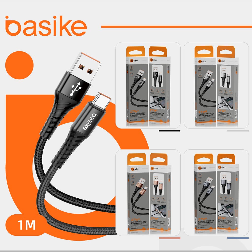 Basike 27W Cabo Usb Tipo C Carregamento Rápido Turbo Reforçado Compatível com Xiaomi iPhone Samsung