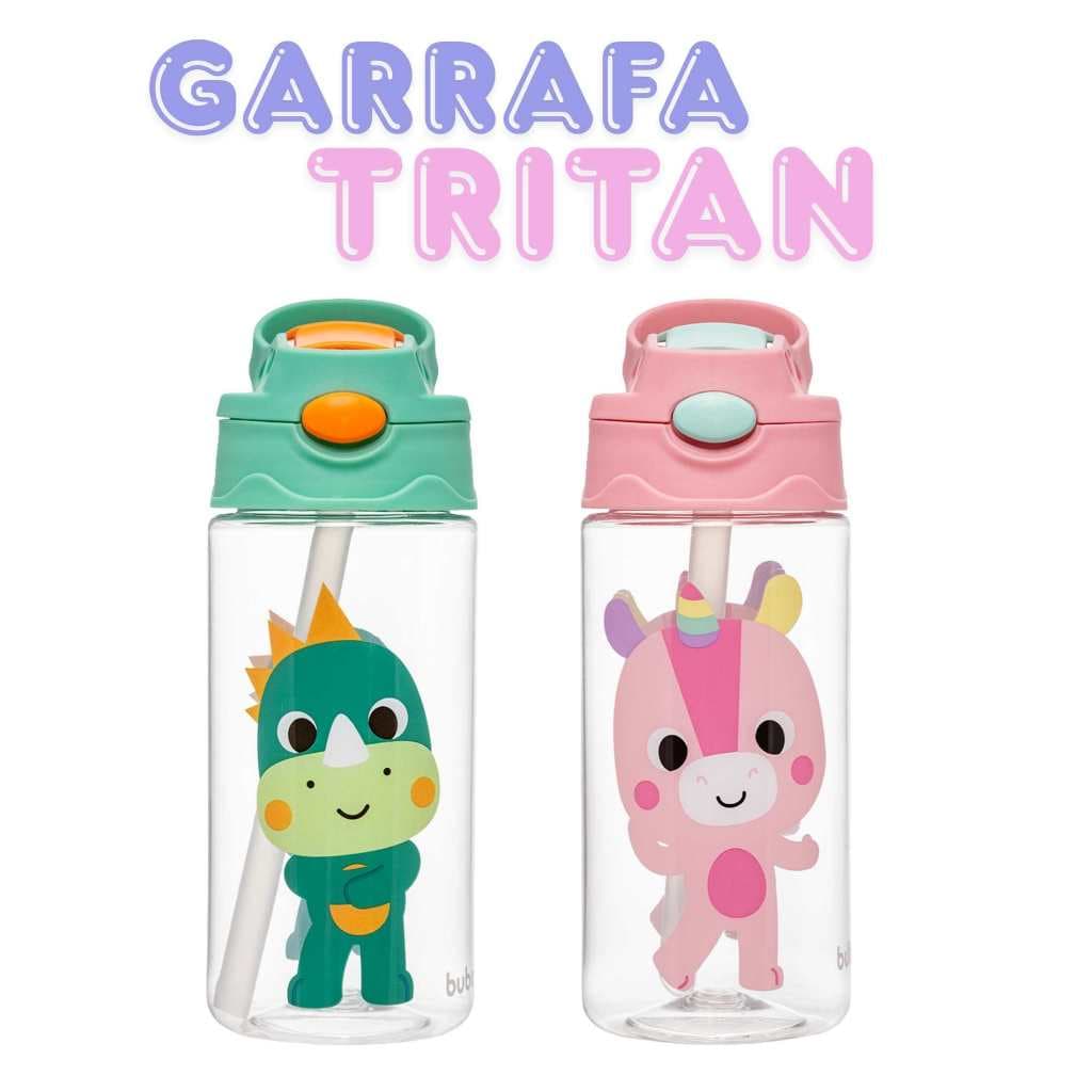 Garrafinha Infantil Tritan Buba Zoo Canudo Silicone Retrátil Escola Garrafa Crianças Bebê 450ml