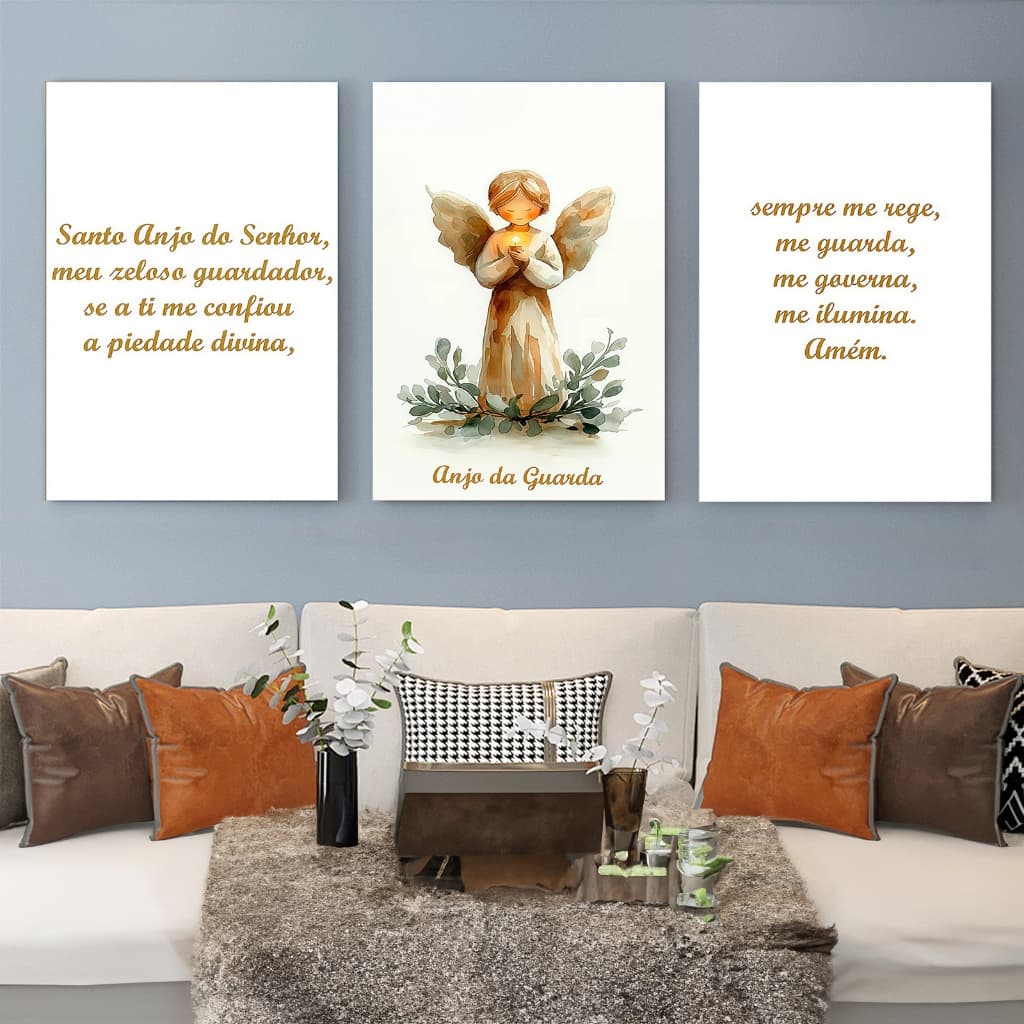 Quadro Decorativo 3 Peças Anjo Da Guarda E Oracao Santo Anjo Decoracao Religiosa Para Sala E Quarto