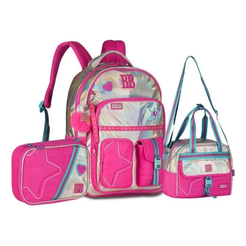 Kit Mochila Holográfica Rebecca Bonbon Costas + Lancheira + Estojo Rosa
