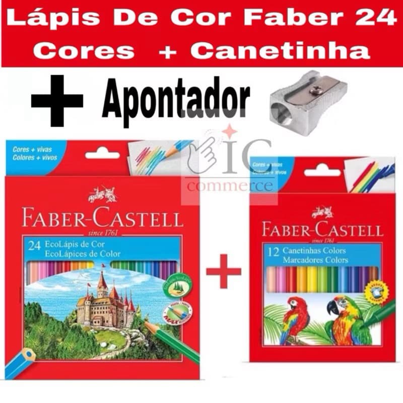 Kit Lápis De Cor Faber 24 Cores+Canetinha Hidrográfica 12 Cores Faber +Apontador Gratis Promoção Volta as Aulas