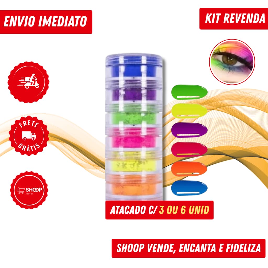 Revenda - Pigmento Pó Neon 6 Cores Vibrantes | Torre Maquiagem - 3 ou 6 Unidades