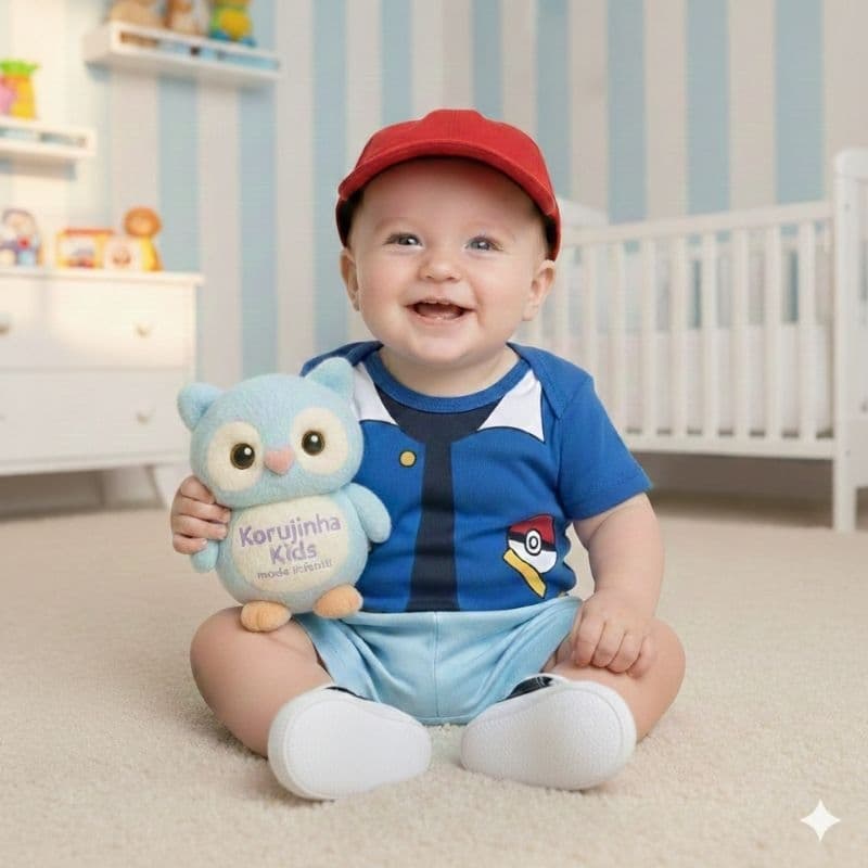Body Bebê Temático Ash Pokémon Fantasia Mesversário Ítens Opcionais