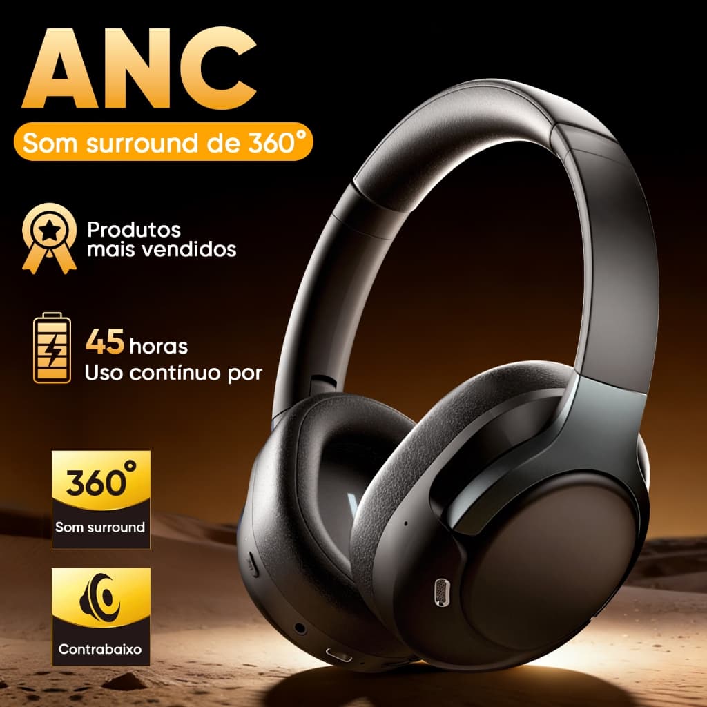 INOVA Fone de Ouvido Bluetooth com ANC - Cancelamento de Ruído, Som Hi-Fi 25h Bateria e Dobrável