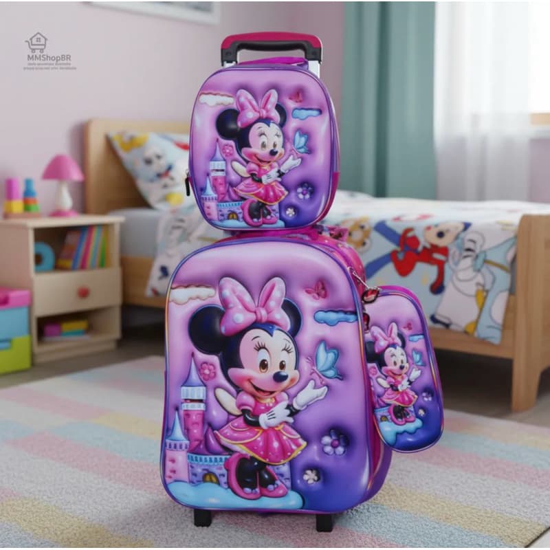 Kit Mochila Escolar Minnie Original Feminina com Rodinhas Carrinho Lancheira Estojo