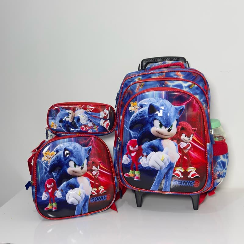 Mochila Sonic Masculina com Rodinhas + Lancheira + Estojo | Mochila Escolar Infantil Original Sonic 3D | Volta às Aulas