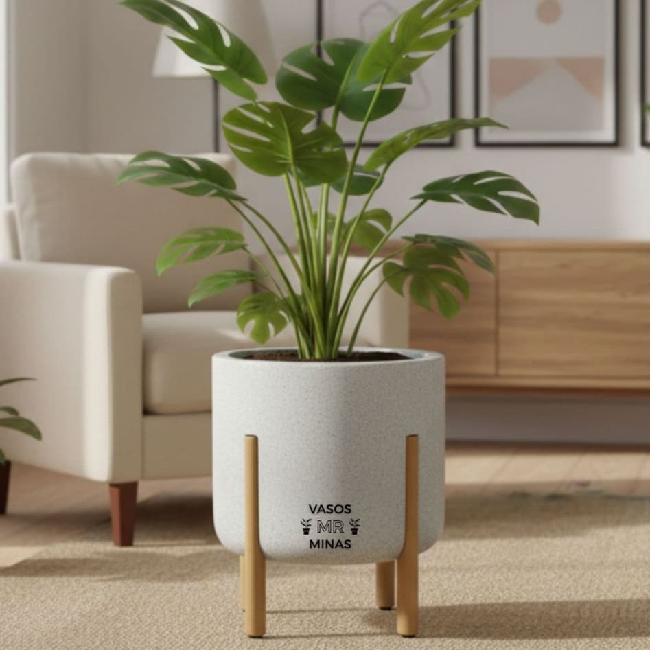Vaso Decorativo com pé amadeirado médio cilíndrico reforçado design moderno ambiente interno externo