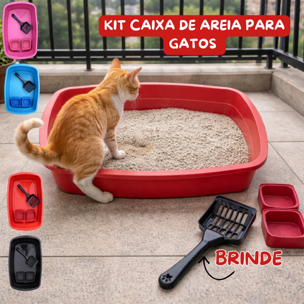 Kit Caixa de Areia para Gatos Bandeja 2 Comedouros e Pá Higiênica